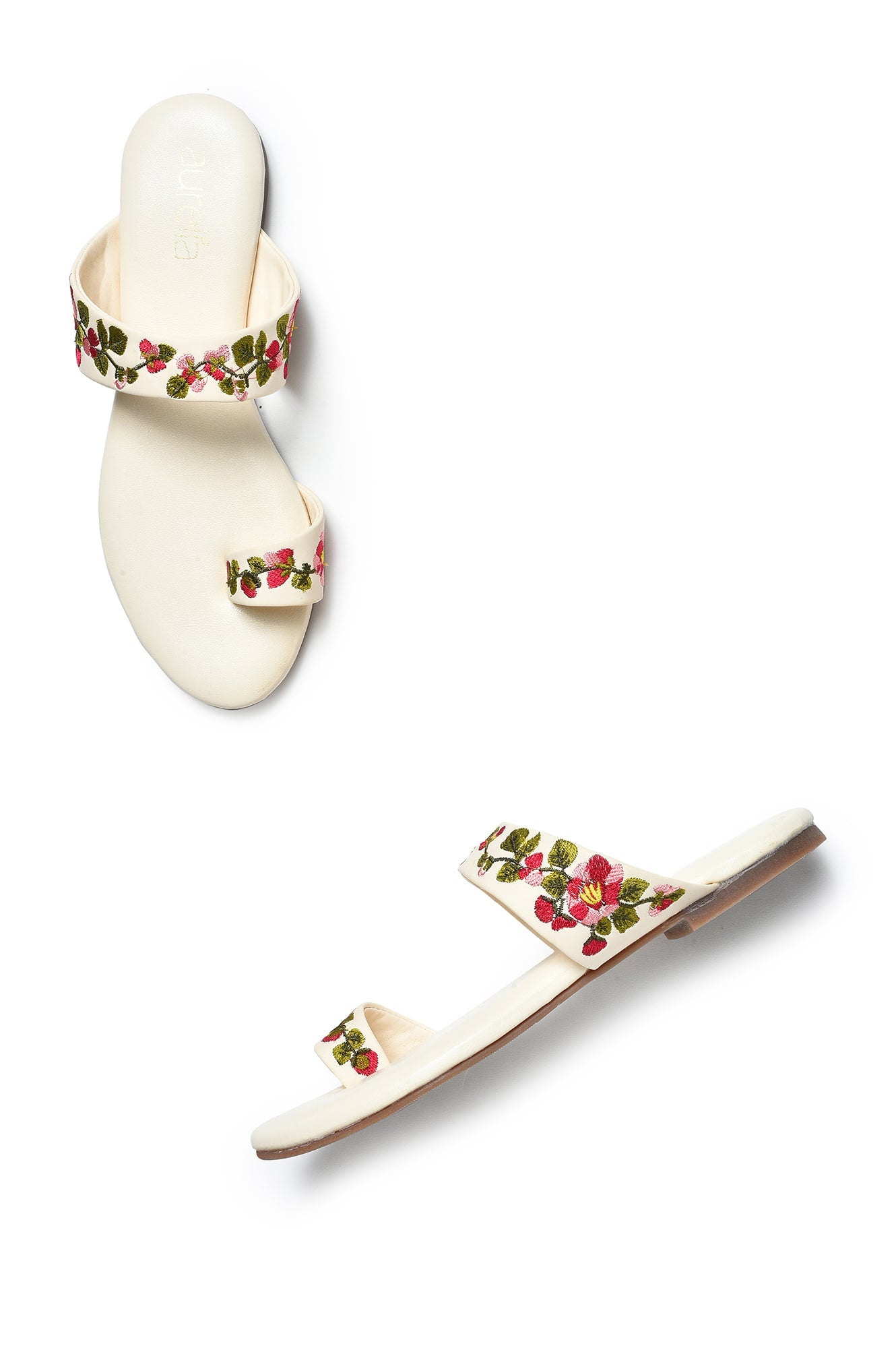 Aurelia Embroidered Ecru Almond Toe Flat