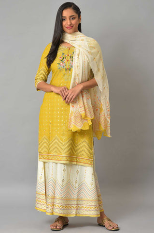 Aurelia Cream Gold kurta-Semi Flare Palazzo-Dupatta