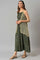 Biege Sequined Gillet with Strappy Green Printed Inner Dress