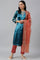 Teal Mashroo Silk kurta With Peach Slim Pants And Dupatta