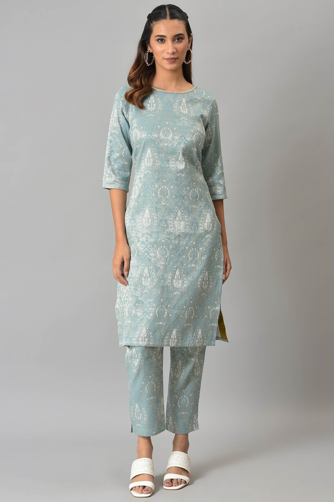 Light Blue Jacquard kurta And Pants Co-Ord Set