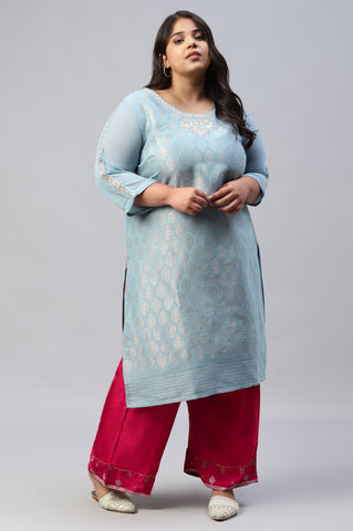 Sky Blue Jacquard Plus Size kurta With Embroidery