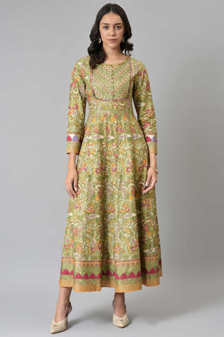 Olive Green Flared Anarkali Printed kurta