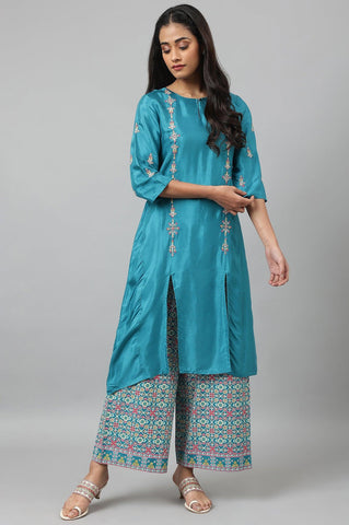 Teal Embroidered kurta With Front Slit