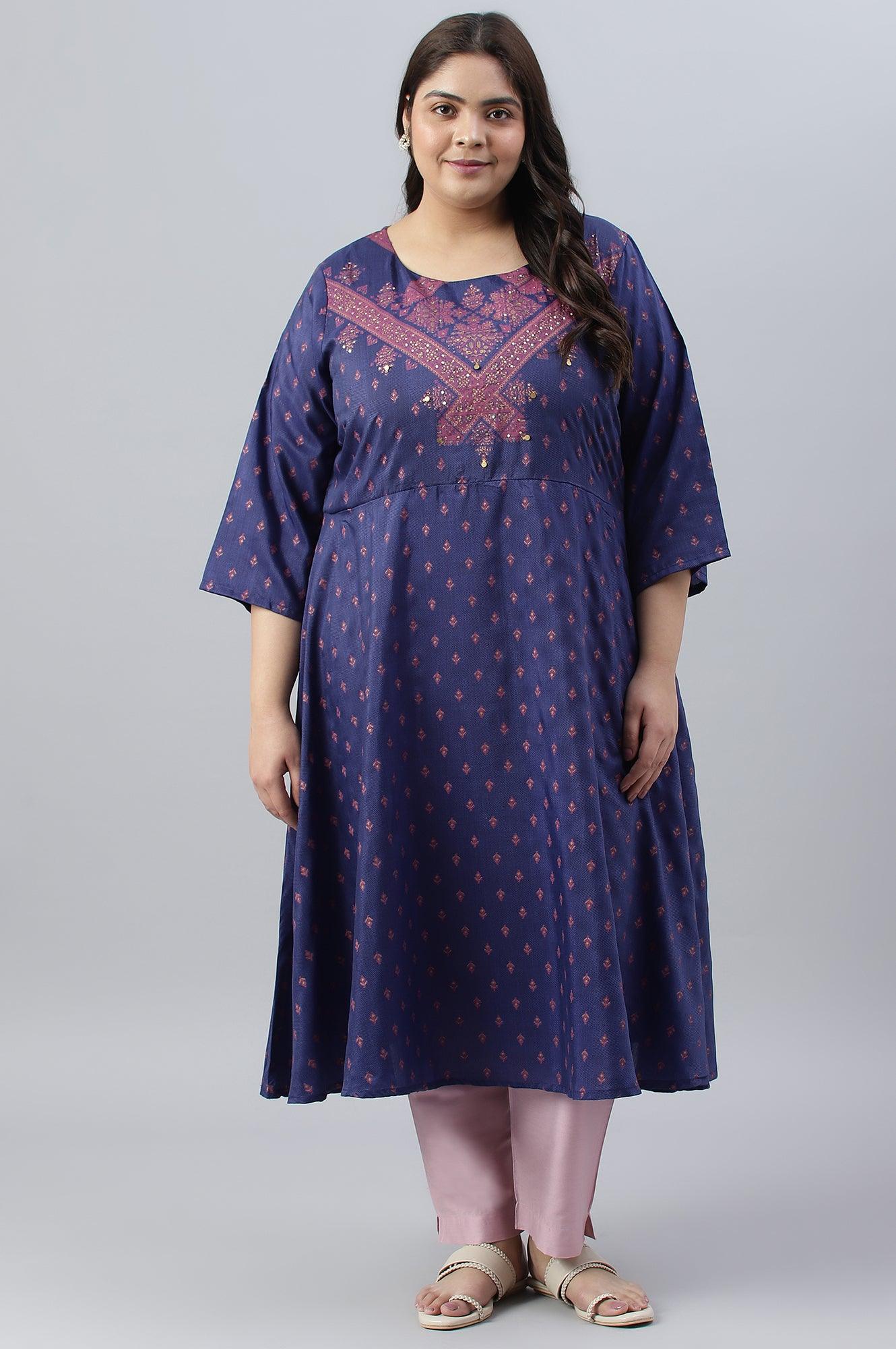 Plus Size Navy Blue Circular kurta With Seqiuns