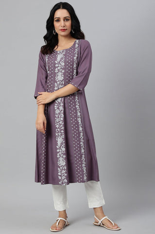 Purple Floral Print kurta With Godets