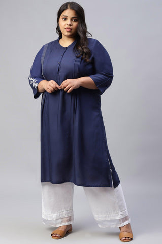 Plus Size Dark Blue Embroidered kurta With Pleats