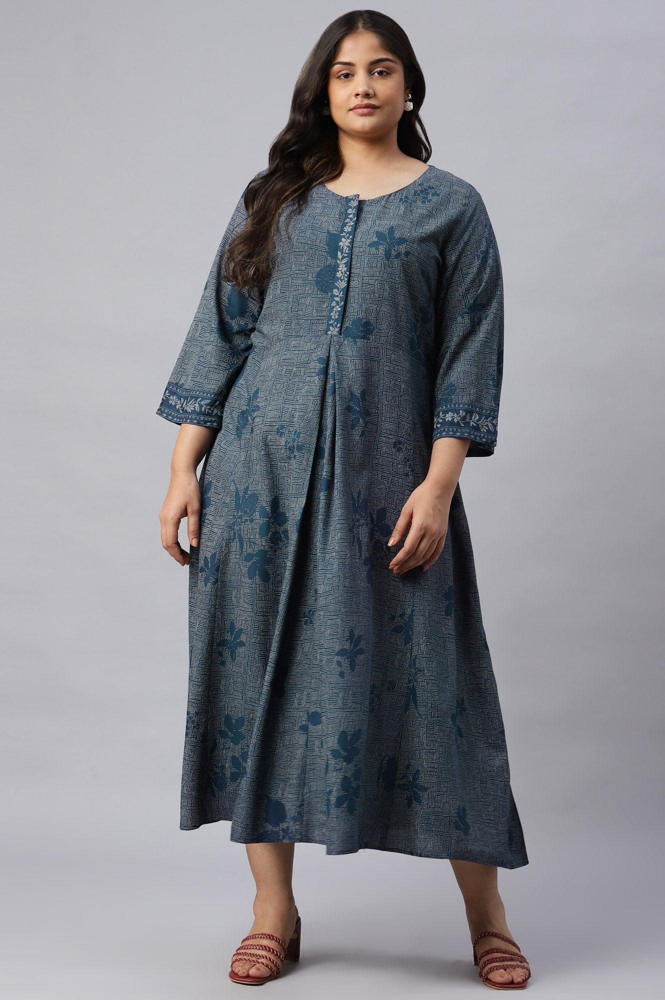 Plus Size Blue Floral Printed Flared Indie Dress