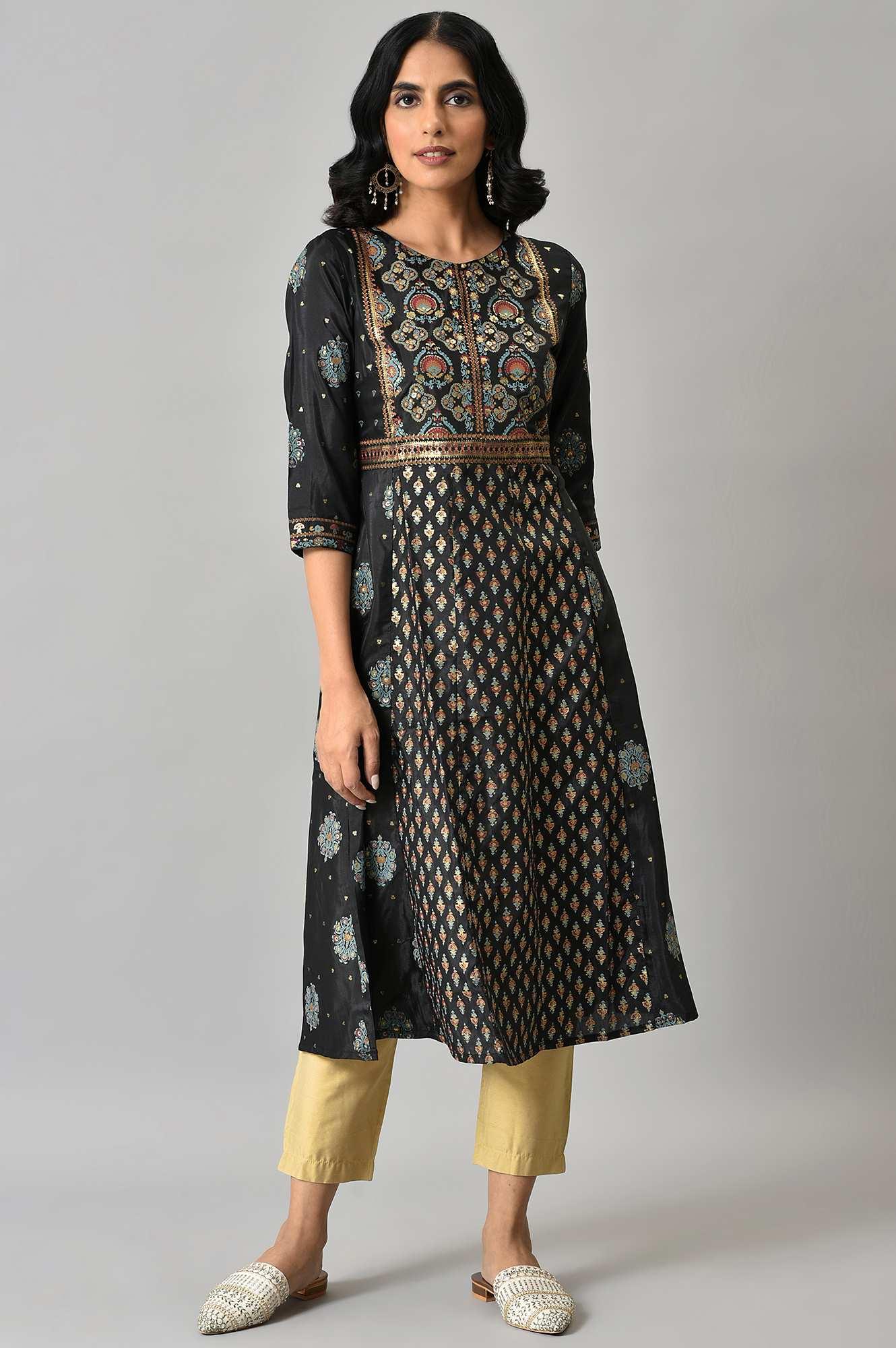 Jet Black Foil Printed Shantung kurta