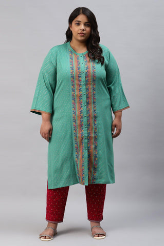 Pop Green Printed Festive Full Placket Plus Size kurta