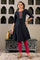Blue Glitter Printed Embroidered Shantung A-line Kurta