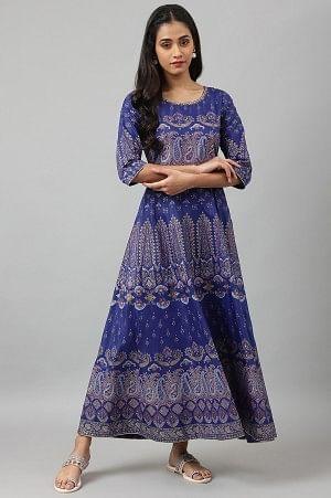 Indigo Paisley Print Flared Festive Dress