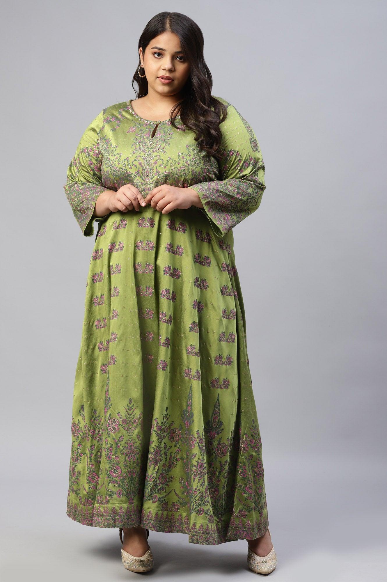 Plus Size Green Floral Printed Indie Dress