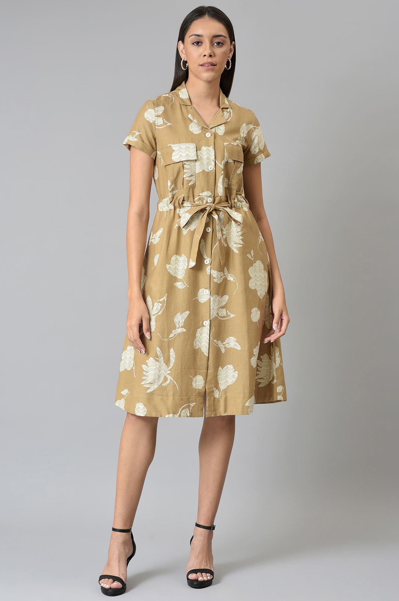 Beige Floral Printed Lapel Collar Dress