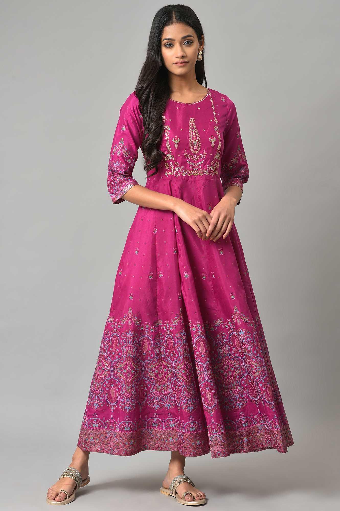 Purple Floral Printed Shantung Dress With Embroidery