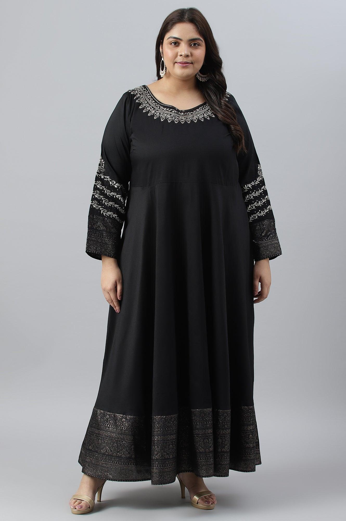 Black Glitter Printed And Embroidered Plus Size Dress