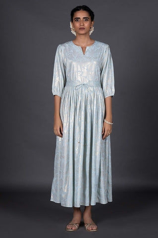 Light Blue Foil Printed Pleated Dress With Belt