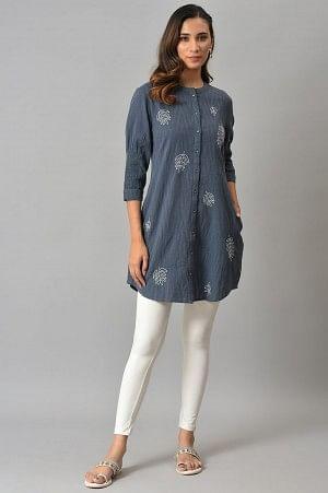 Blue Yarn Dyed Embroidered Tunic In Mandarin Collar