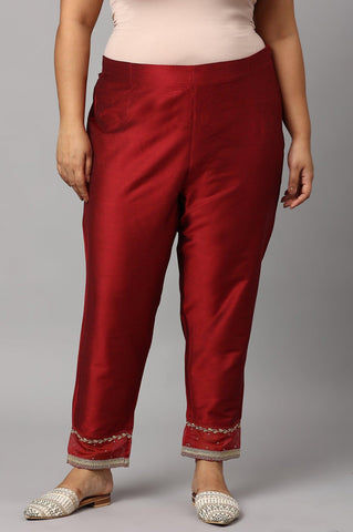 Red Embroidered Light Festive Plus Size Slim Pants