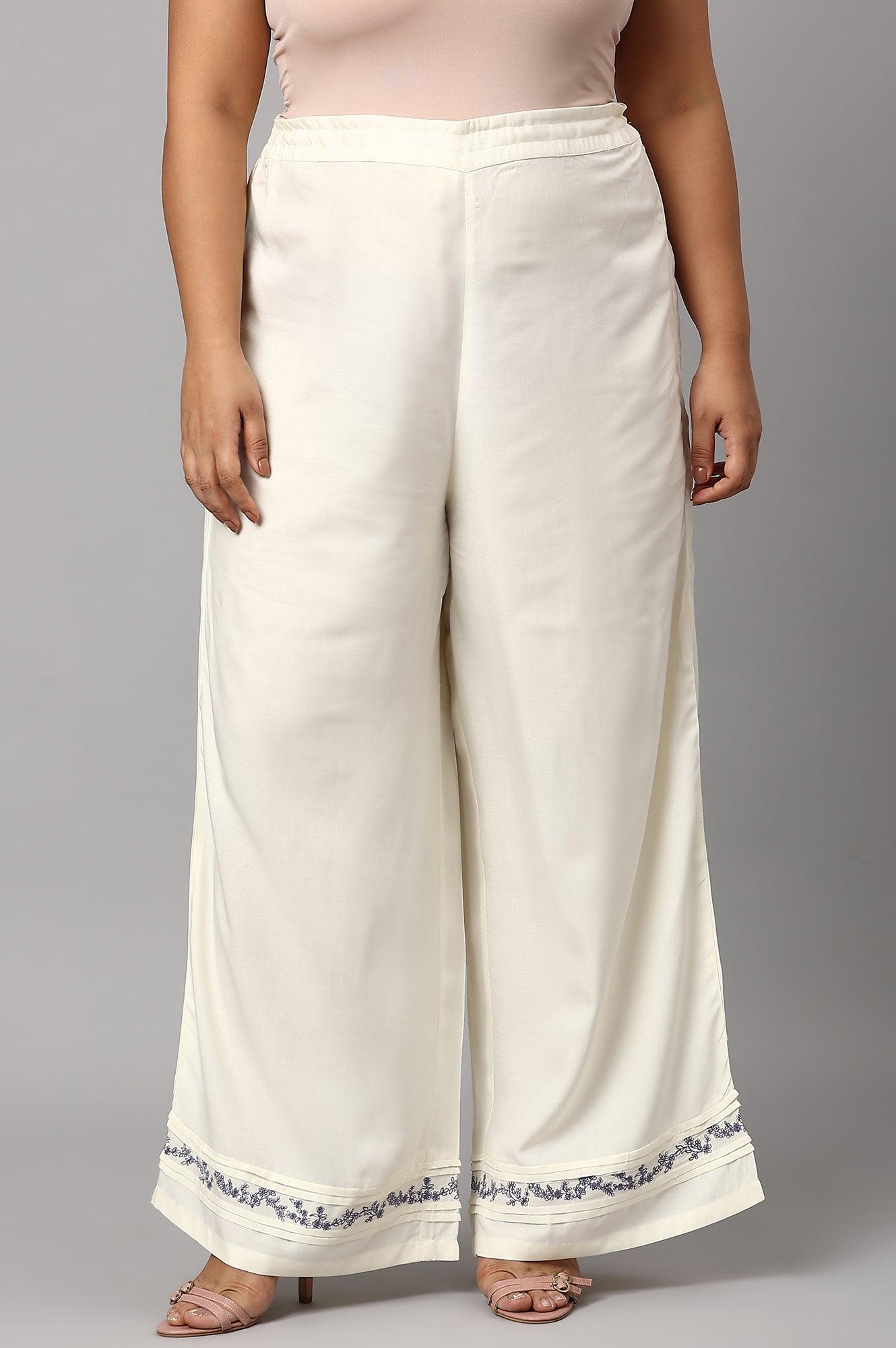 Plus Size Ecru Embroidered Rayon Parallel Pants With Pleats.