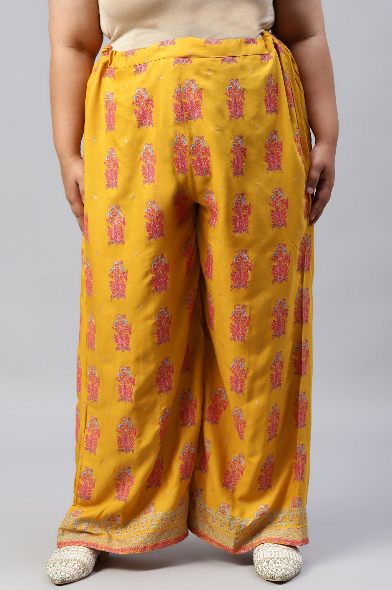 Plus Size Mustard Rayon Printed Parallel Pants