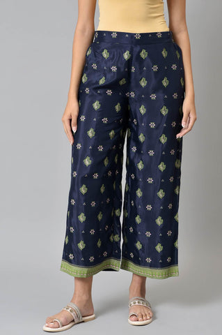 Blue Printed Shantung Parallel Pants