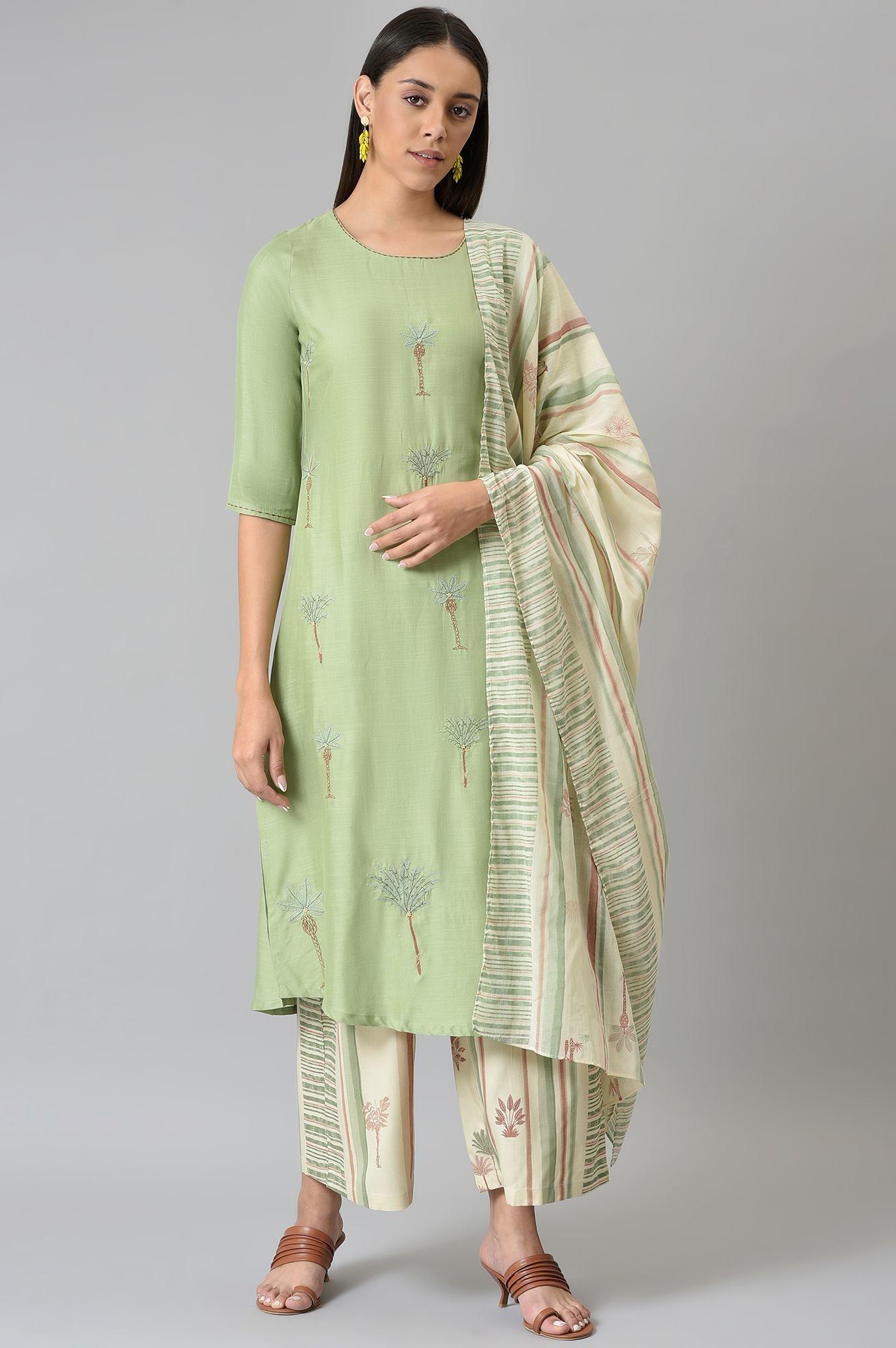 Light Green Embroidered kurta With Printed Parallel Pants And Dupatta