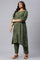 Dark Green Plus Size Landscape Print kurta With Pants