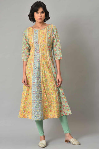 Mint Green Glitter Printed kurta And Tights Set