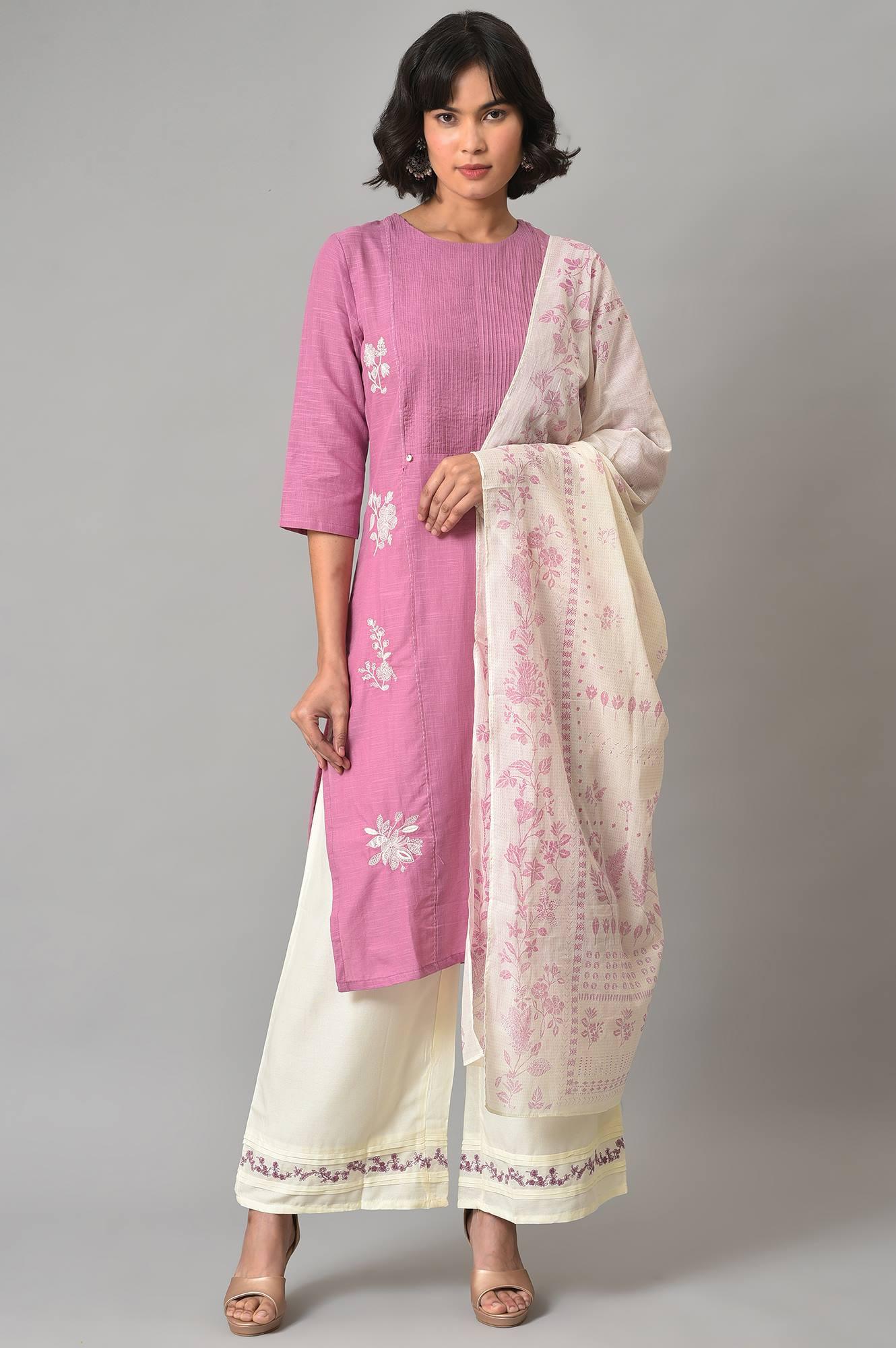 Liva Eco Pink Embroidered kurta With Off-White Pants And Dupatta Set