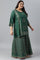 Plus Size Dark Green Glitter Floral Printed kurta With Sharara Pants And Pink Dupatta