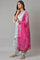 Light Blue Paisley Print High-Low kurta With Draped Pants And Pink Dupatta