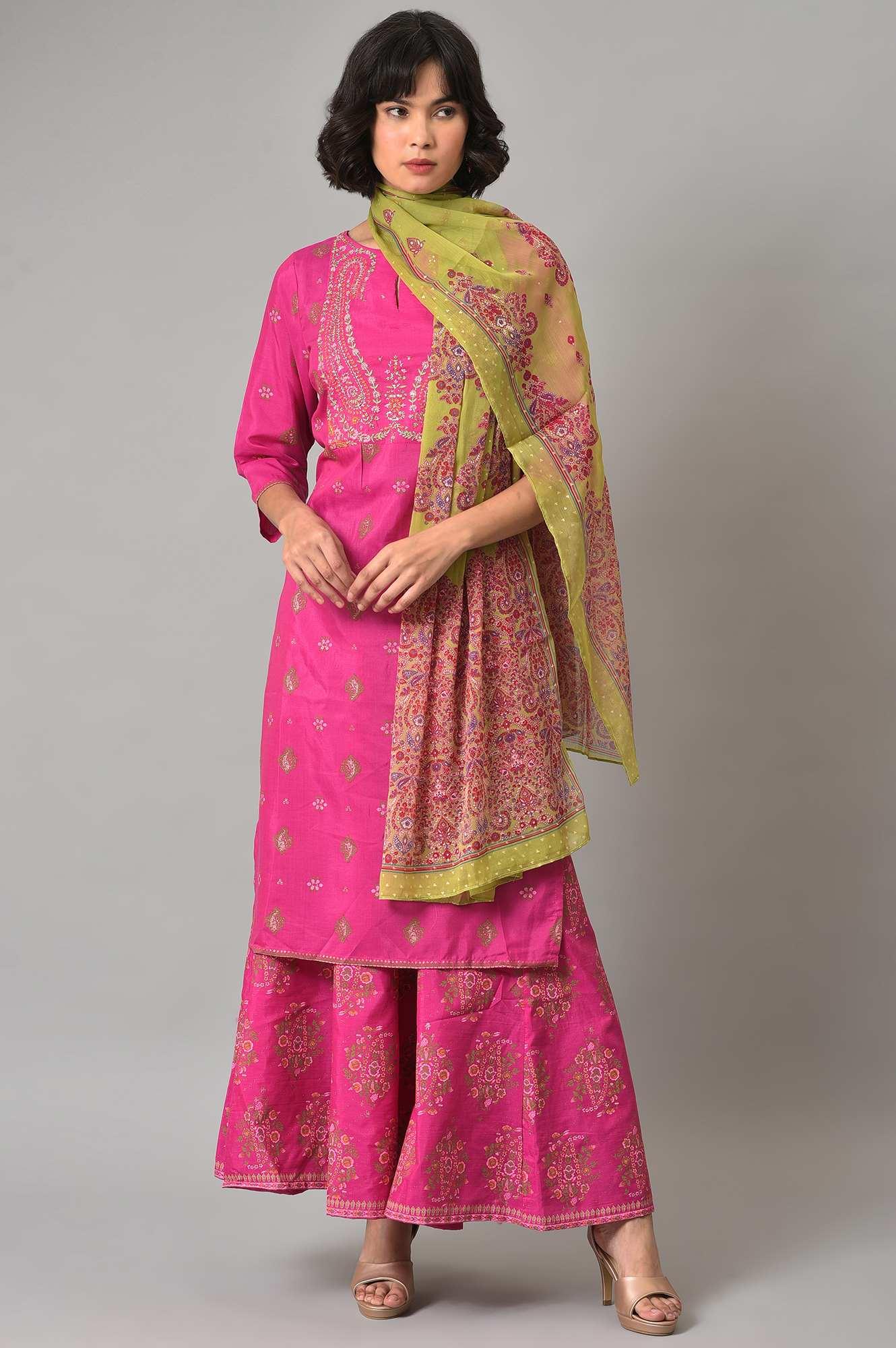 Pink Glitter Printed kurta With Culottes And Green Dupatta