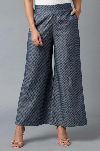 Blue Geometric Printed Flared Cotton Palazzo With Elasticated Waist