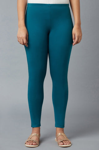 Blue Solid Skinny Fit Cotton Tights With Elasticated Waist
