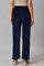 Navy Blue Solid Straight Fit Cotton Trousers With Elasticated Waist