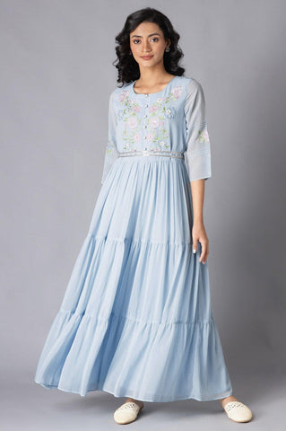 Blue Tiered Embroidered Dress With Belt