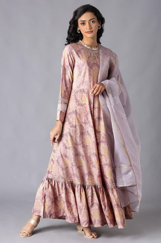 Pink Tiered Round Neck Dress With Organza Dupatta