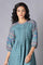 Deep Teal Floral Pleated kurta In Round Neck