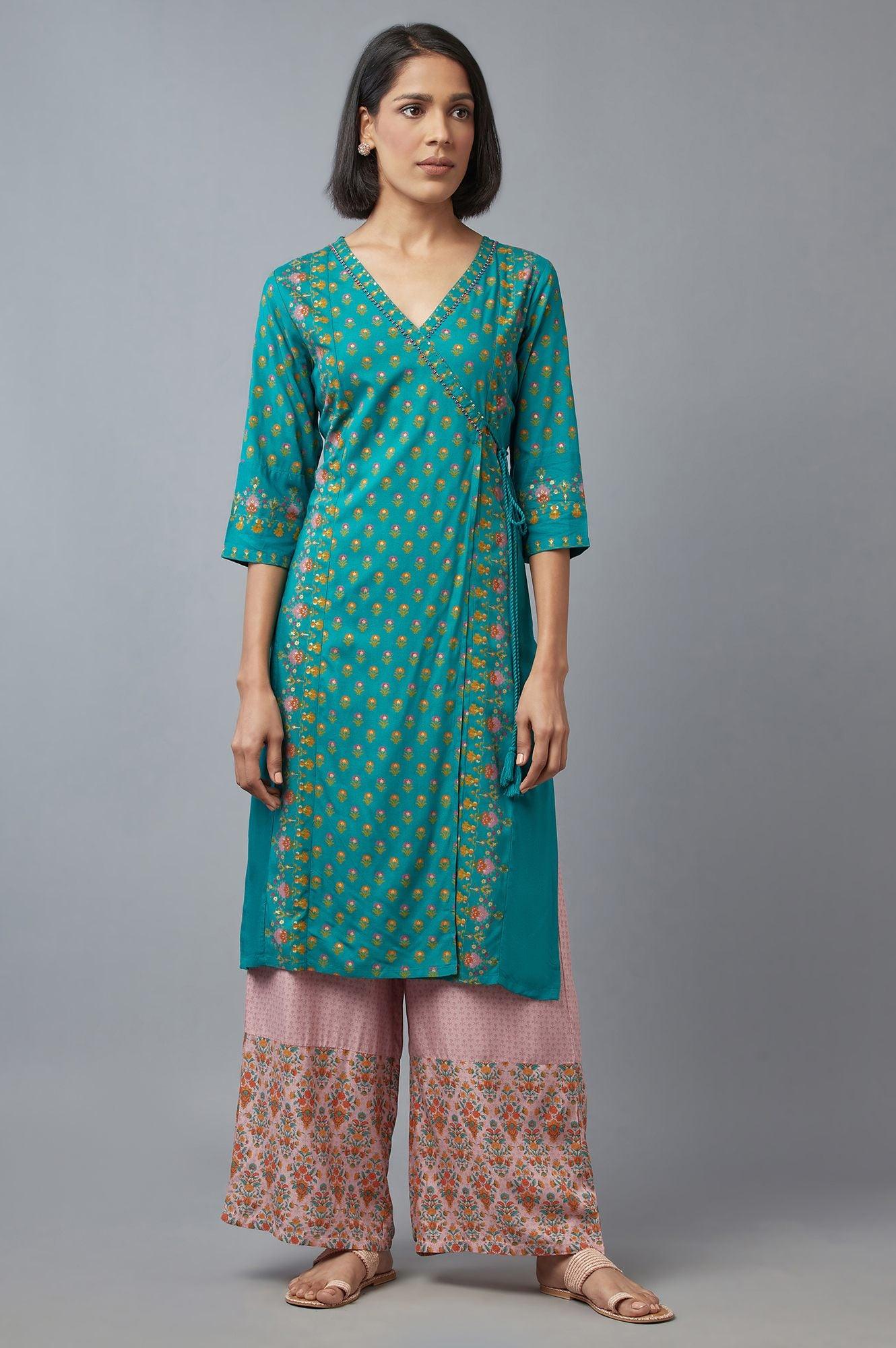 Teal Green Angrakha kurta with Sequin and Bead Work