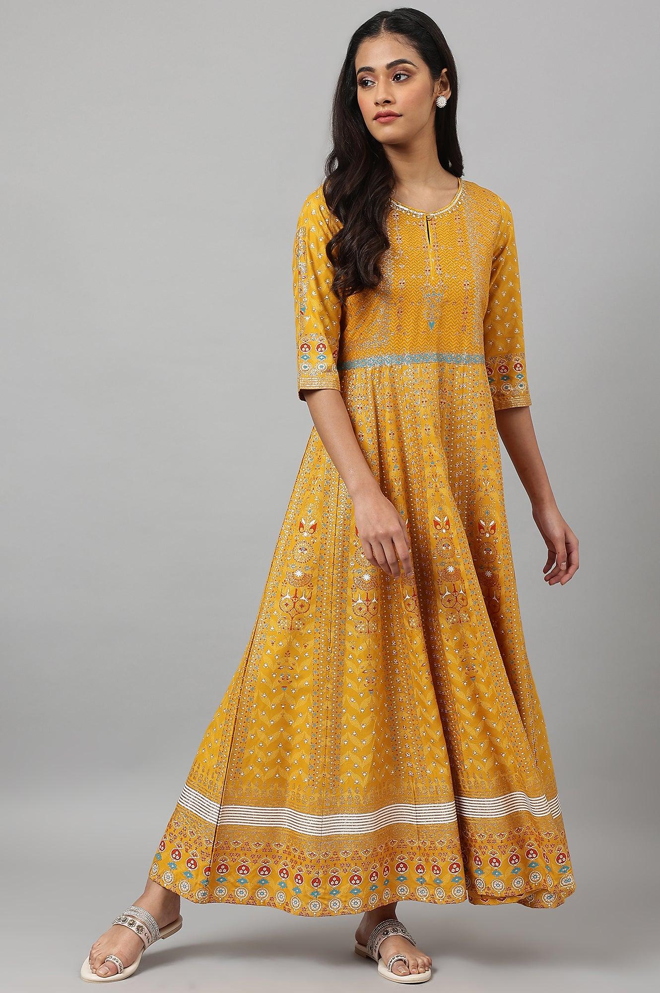 Mustard Floral Printed Kalidar Dress