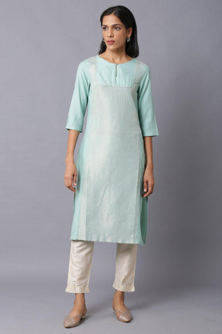 Teal Blue Jacquard kurta With Embroidered Yoke