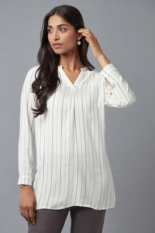 Ecru Stripe Print Western Top In Collared-V Neck