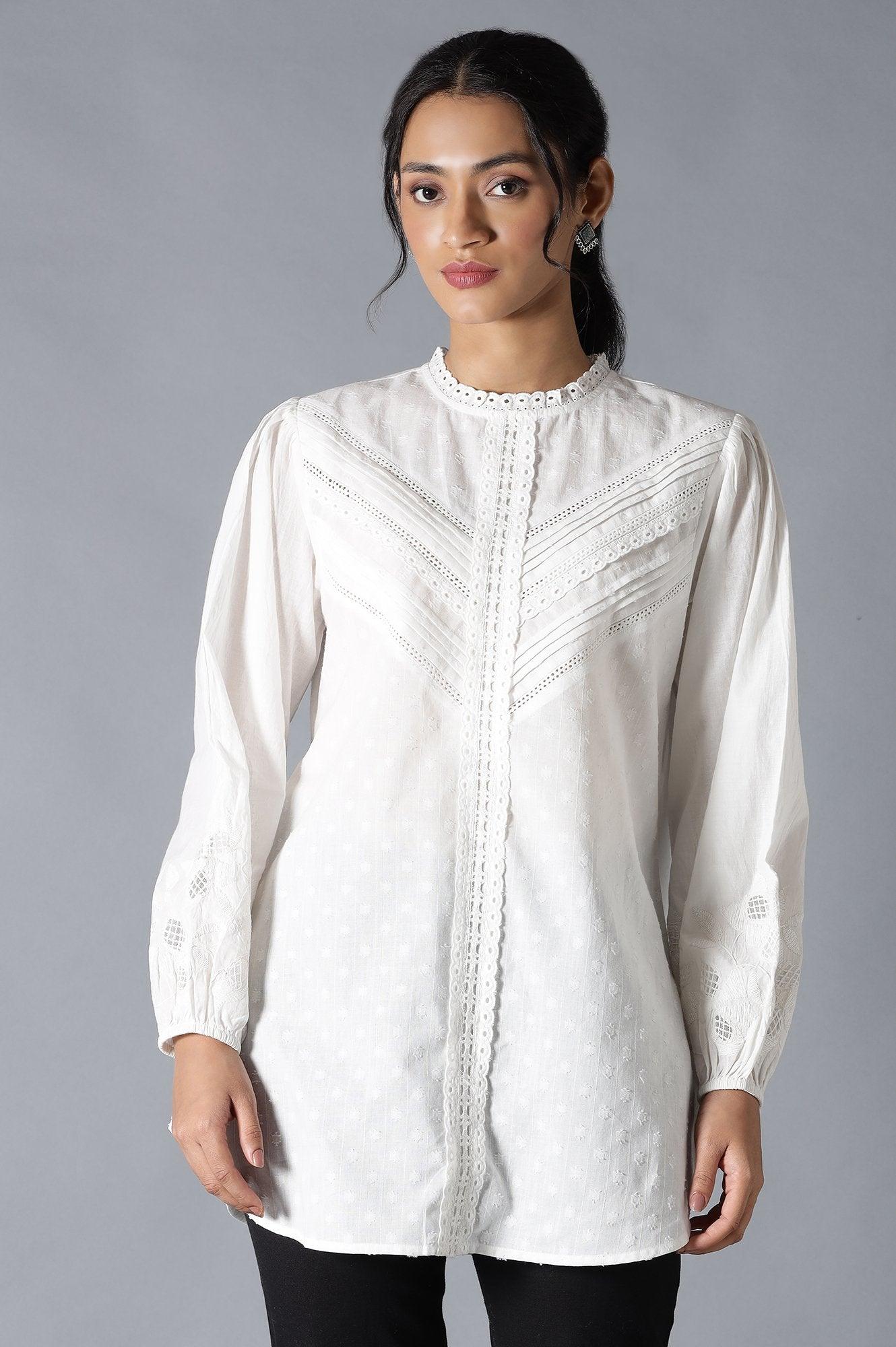 White Top With Lace And Applique Embroidered Sleeves