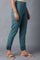 Deep Teal Printed Slim Pants With Thread Embroidery