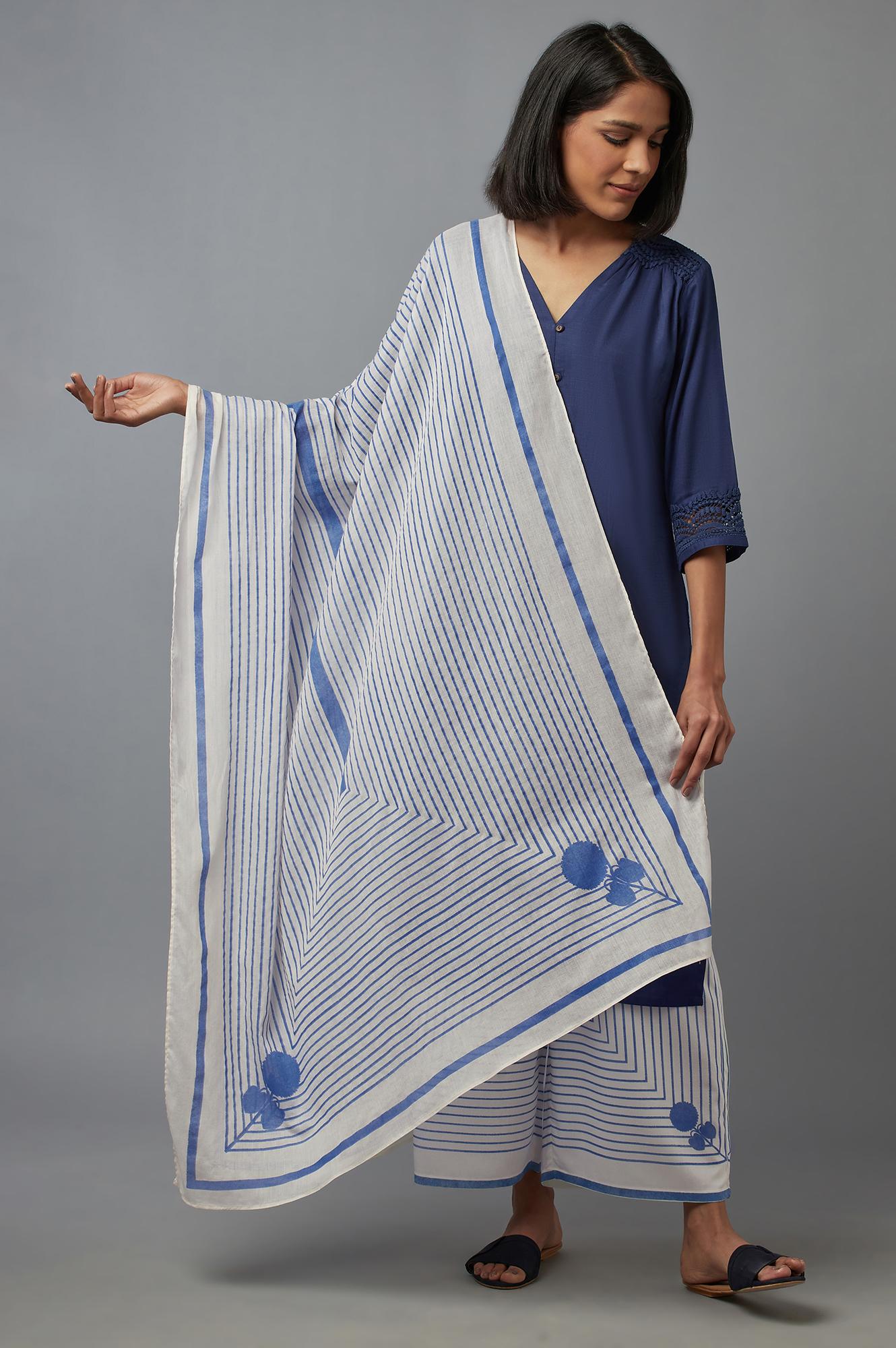 Ecru and Blue Printed Dupatta