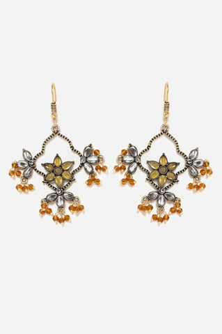Yellow Floral Detailing Stone Studded Dangler Earrings