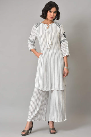 Ecru And Black Striped kurta With Parallel Pants