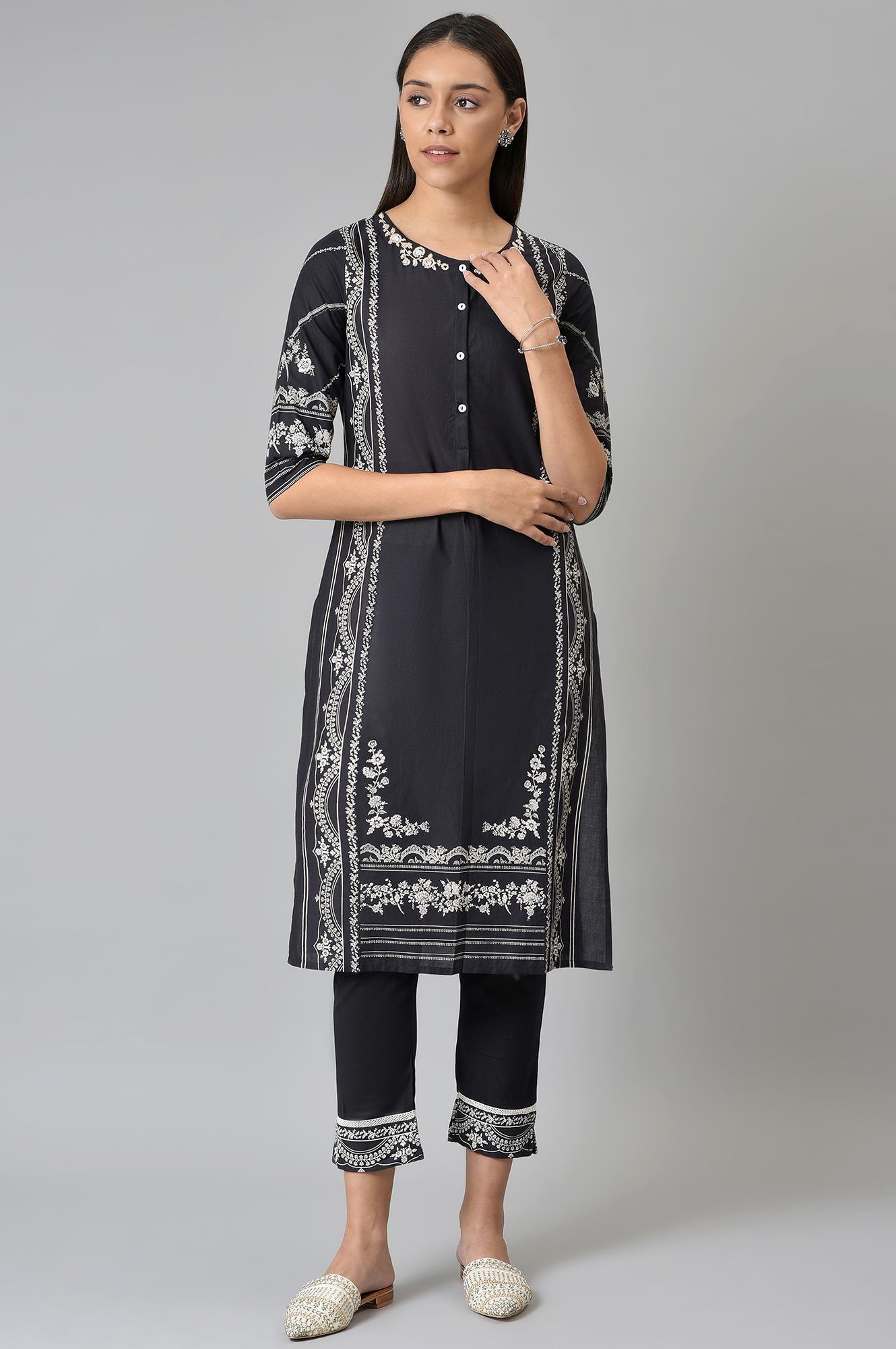 Black Floral Printed kurta With Parallel Pants