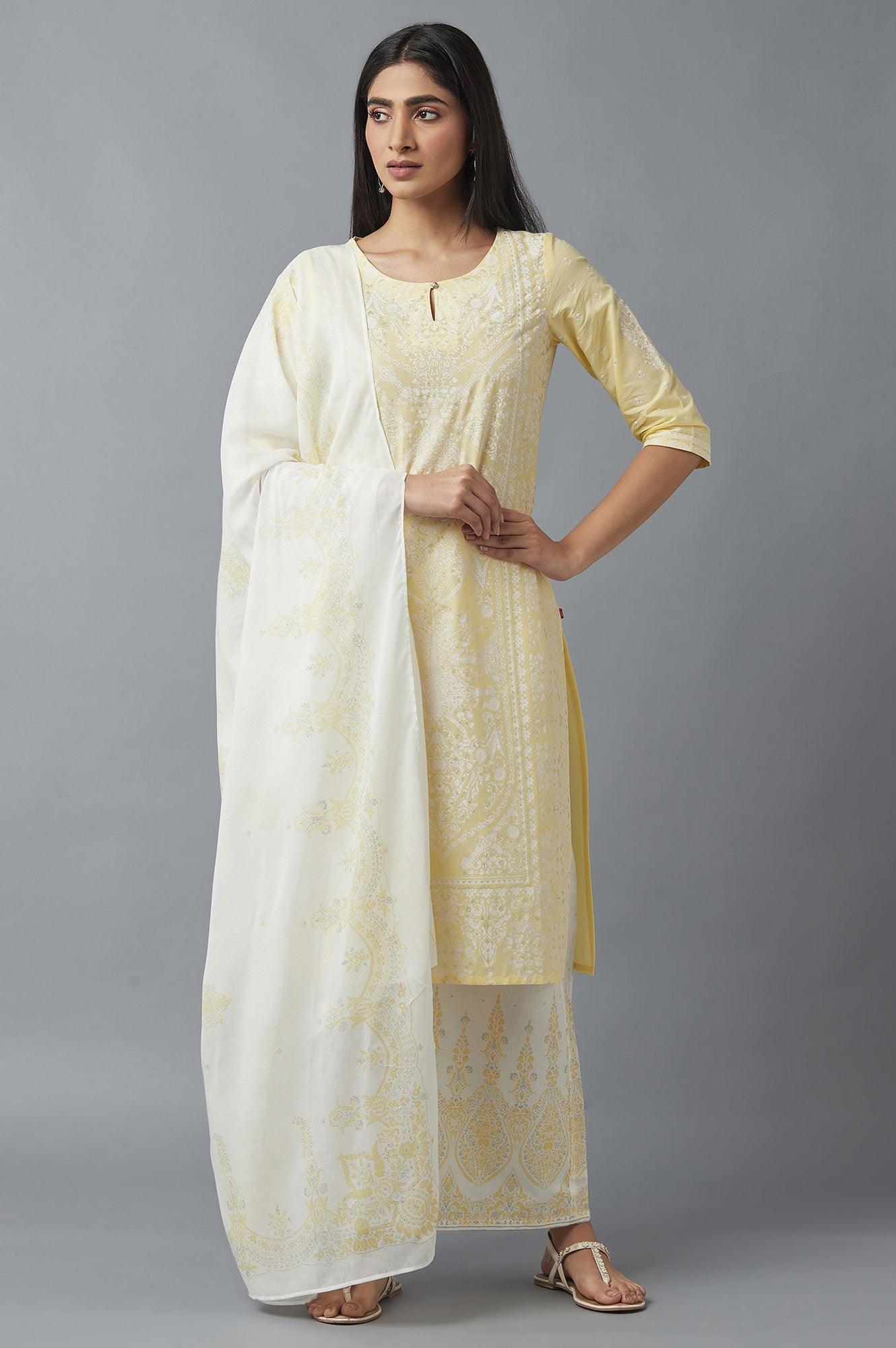 Yellow Embroidered kurta with Parallel Pants and Dupatta